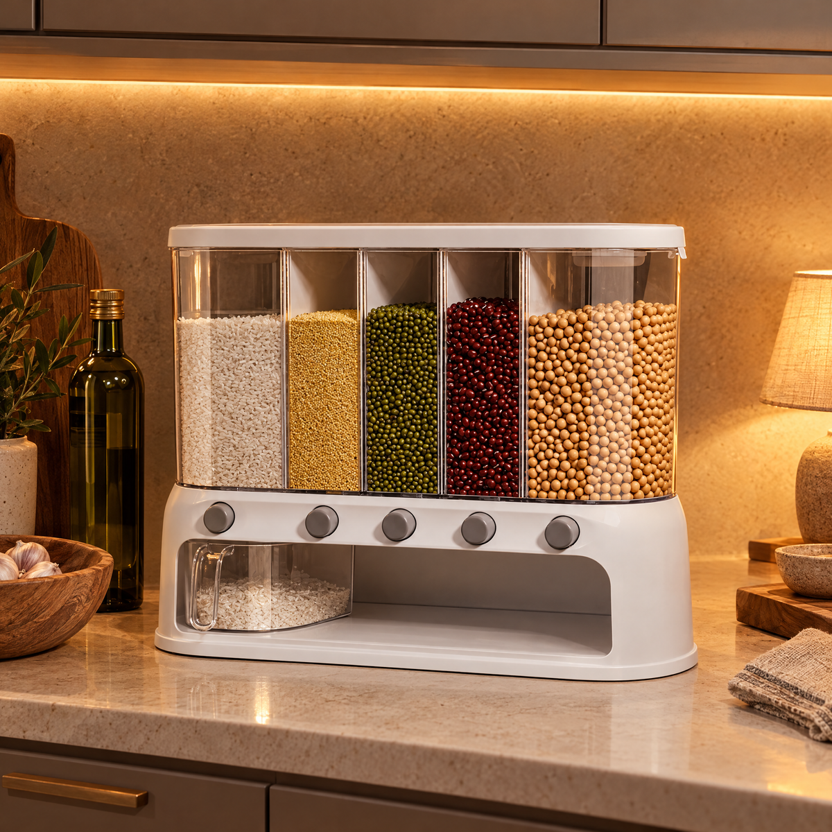Dispensa dispenser in a softly lit kitchen in the evening