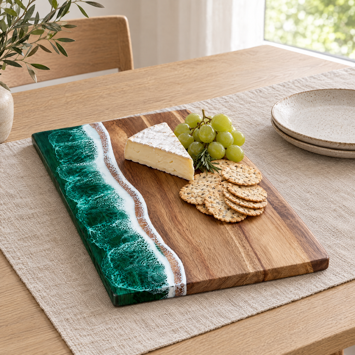 Onda board with cheese and grapes on an oak dining table