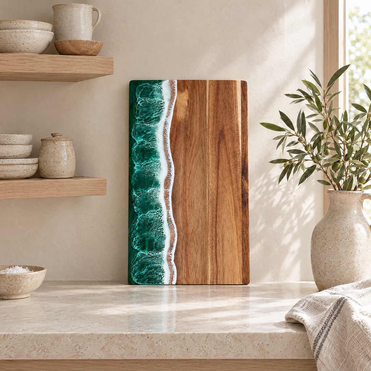 Onda serving board leaning against a cream wall in a calm kitchen