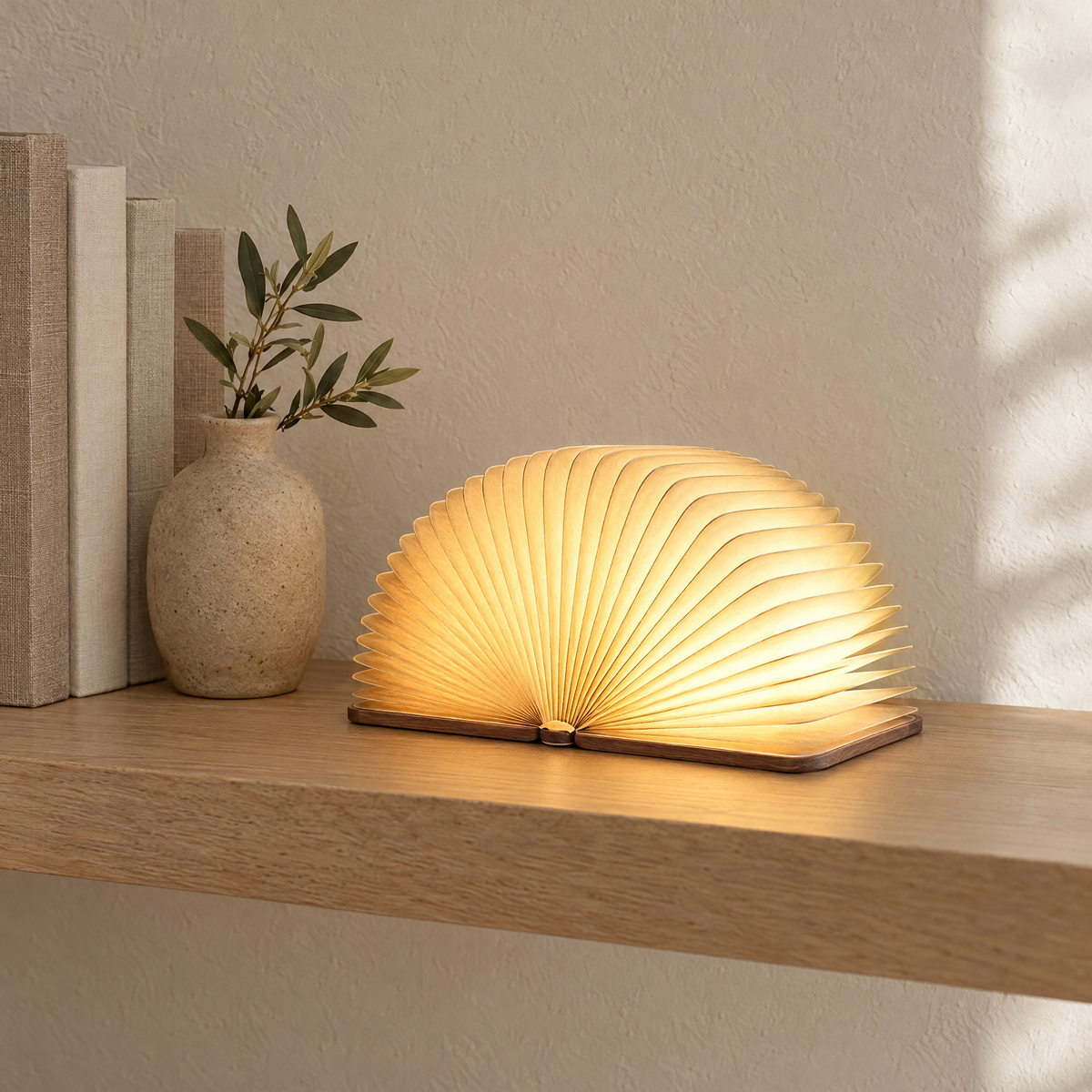Brown Pagina lamp glowing on an oak shelf