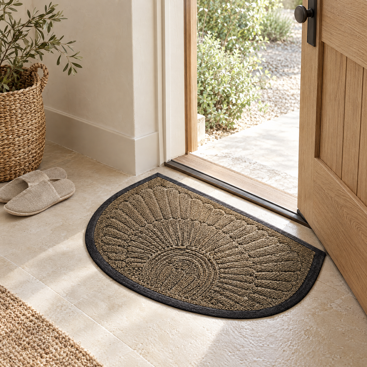 Taupe Soglia door mat at an open oak front door