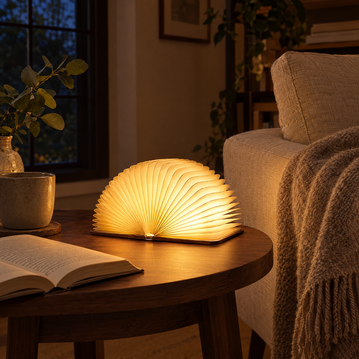 Brown Pagina lamp glowing beside an armchair in the evening