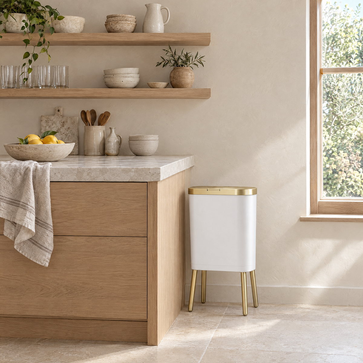 White Alto bin at the end of a stone kitchen counter