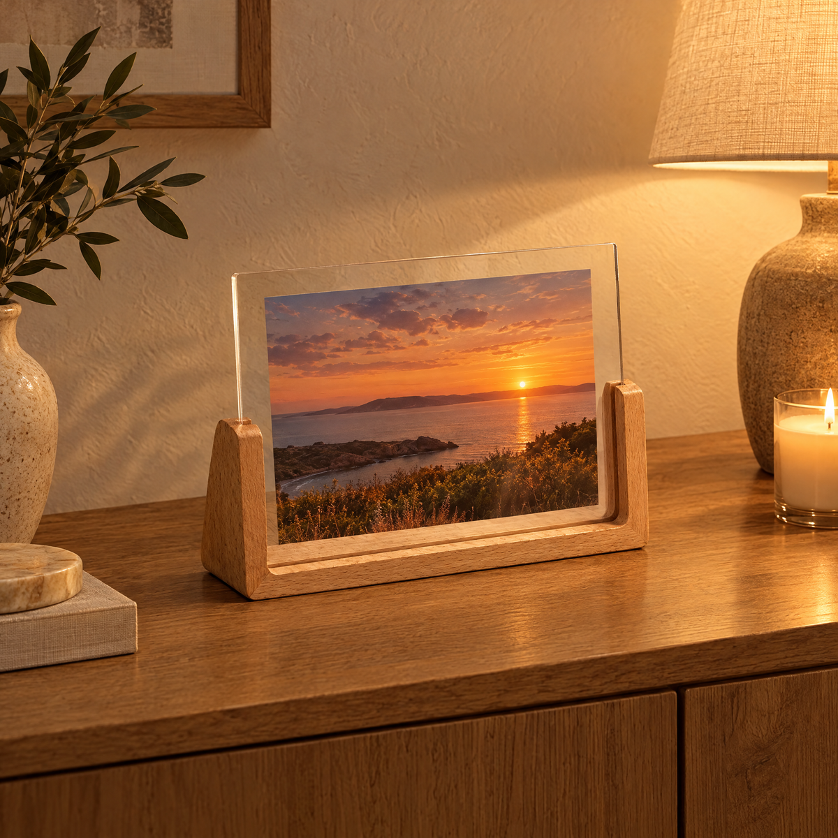 Landscape Chiaro frame on a lamp-lit console in the evening