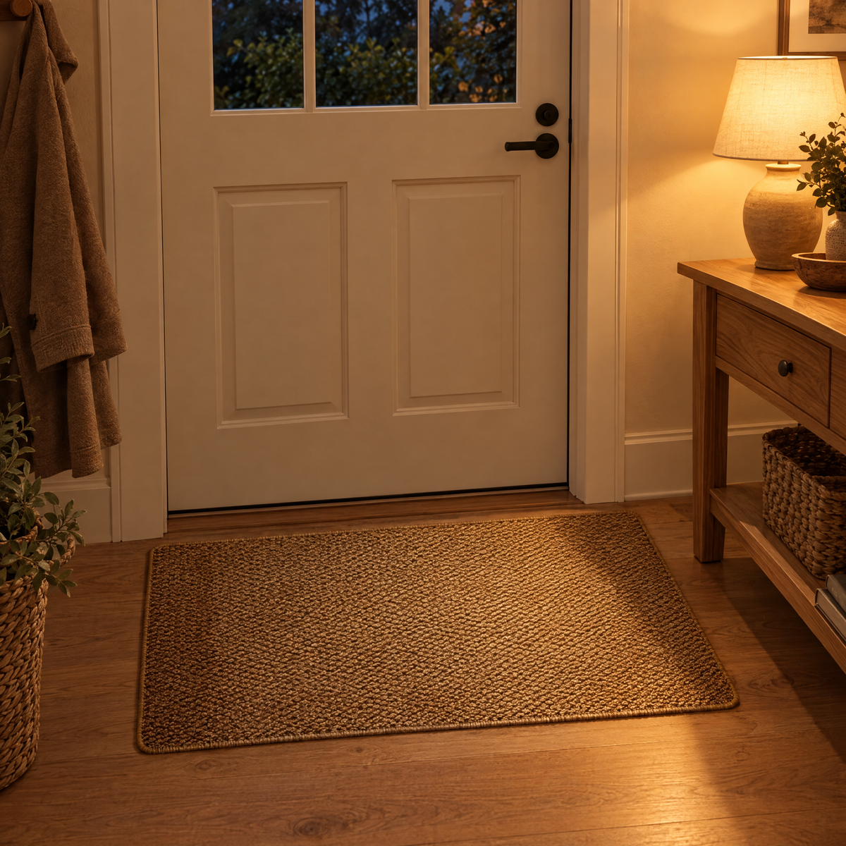 Natural Canapa door mat in a lamp-lit entry in the evening
