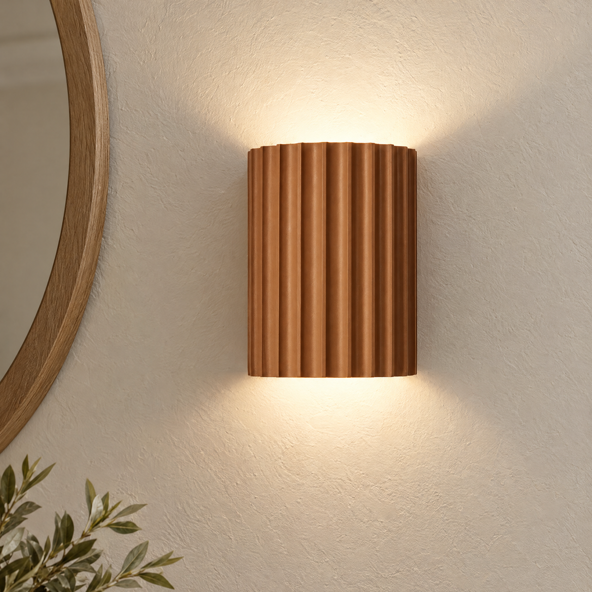 Close-up of the ribbed texture on a brown Solco wall light