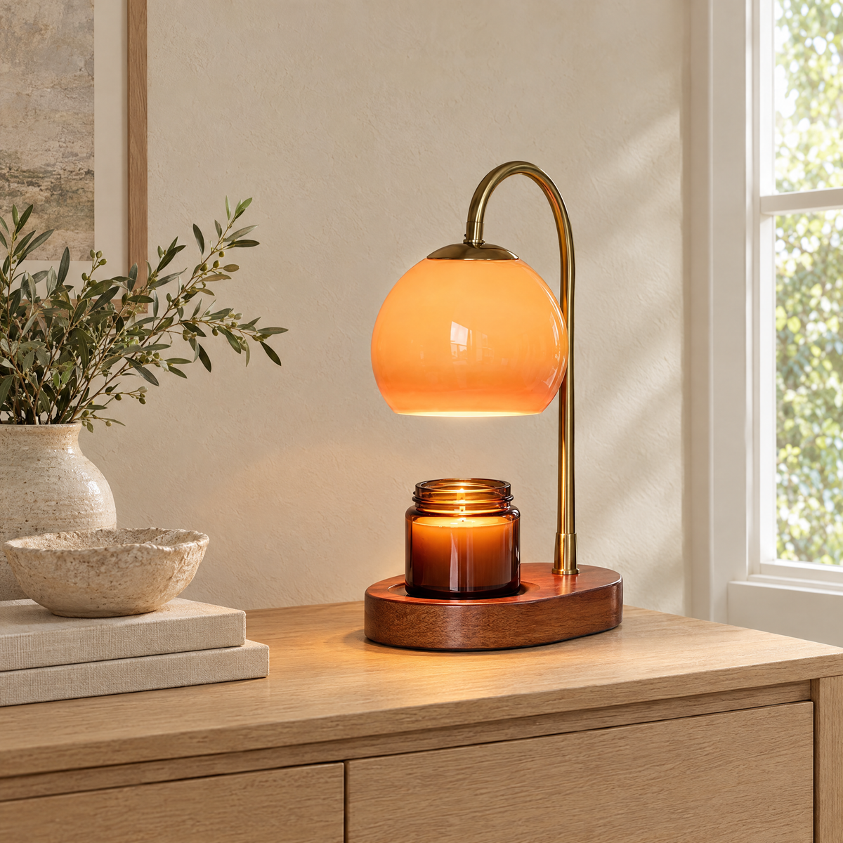 Side view of the Cera adjustable arm over a jar candle