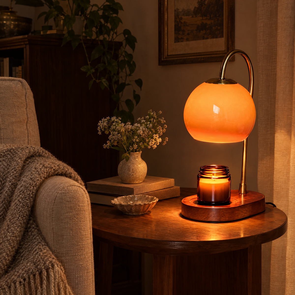 Cera candle warmer lamp glowing in a cosy room in the evening