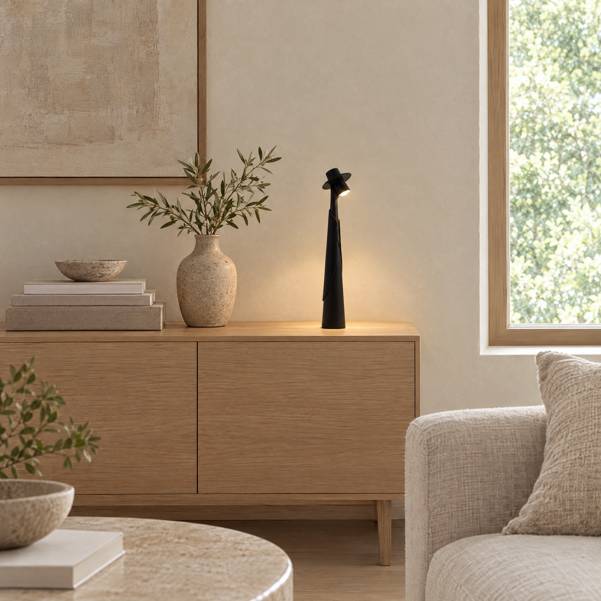 Black Cappello lamp on an oak sideboard in a living room