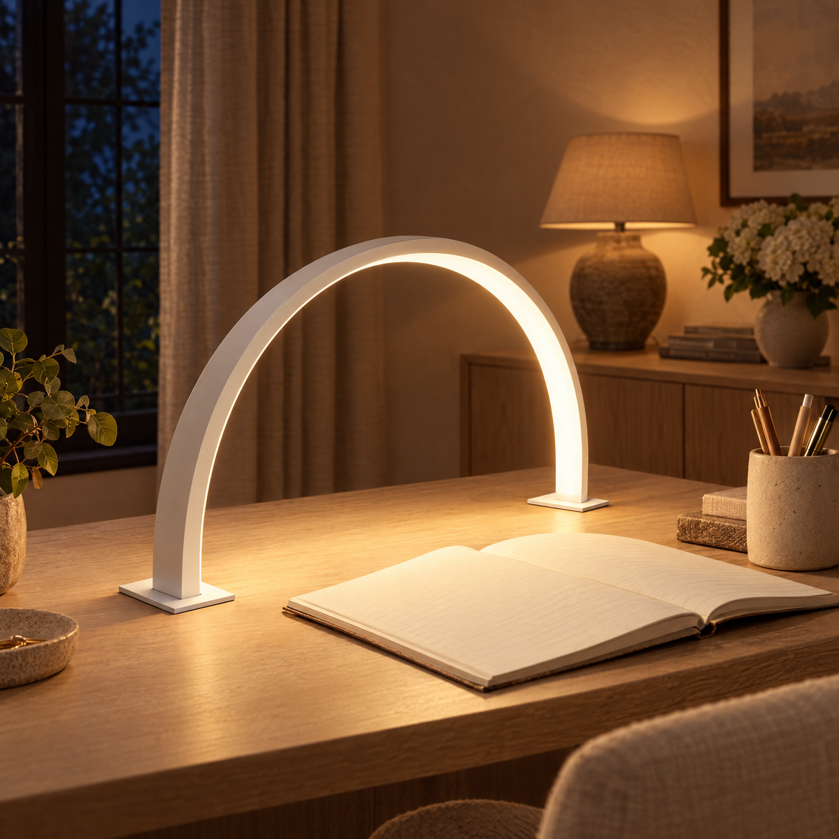 Luna Crescent LED Desk Lamp in a warm evening setting