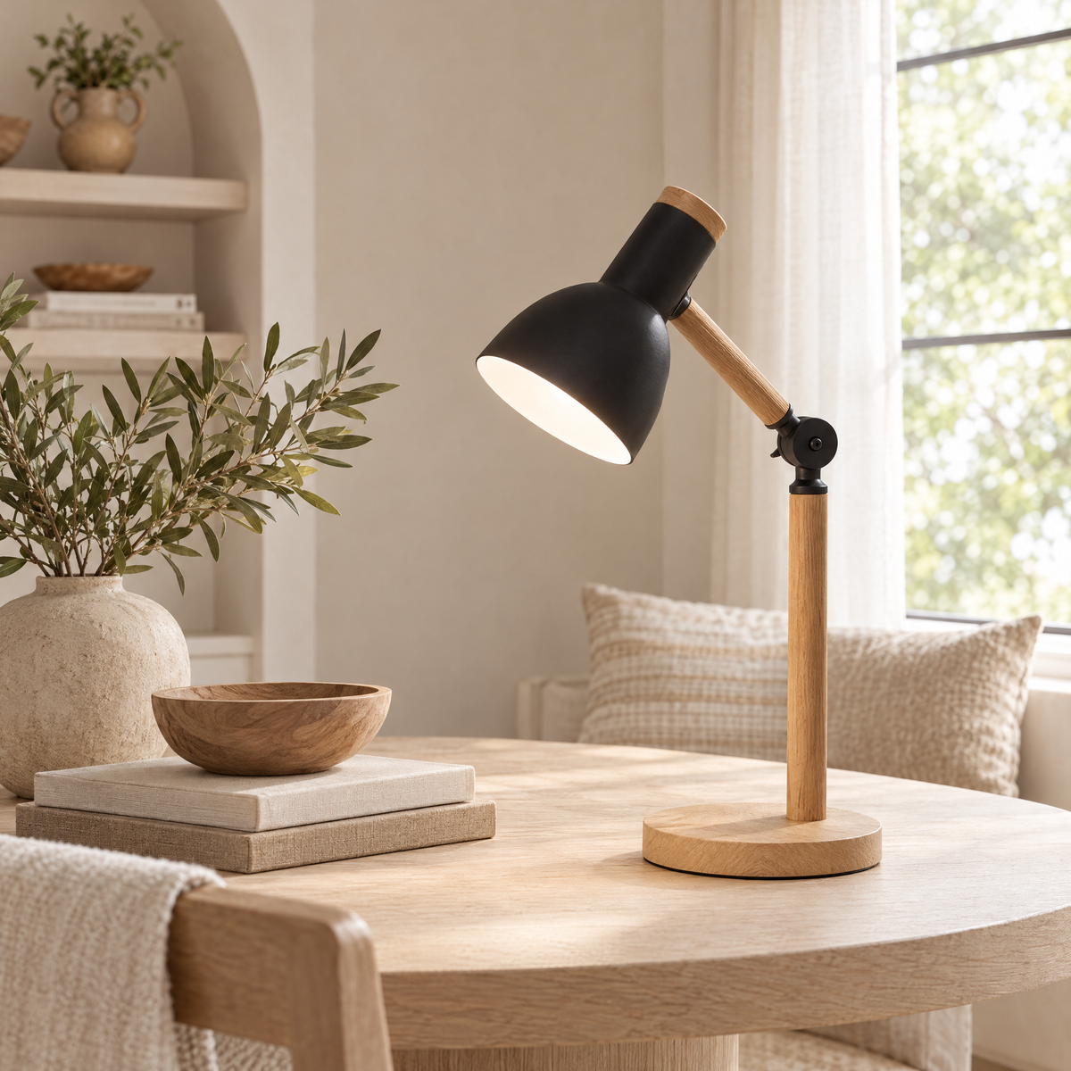 Faggio Wood and Metal Desk Lamp shown from a three-quarter angle