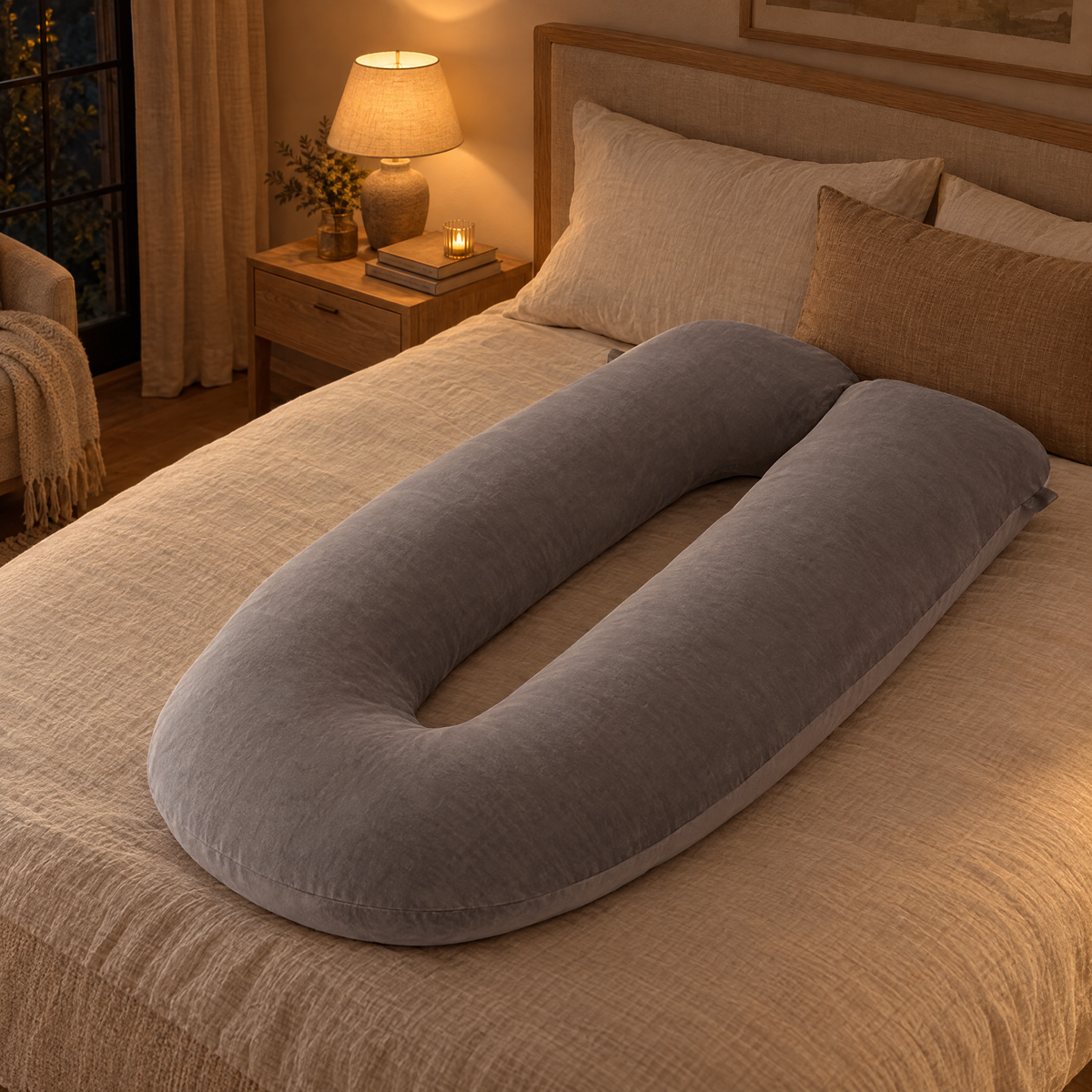 Abbraccio U-Shaped Body Pillow in a warm evening setting