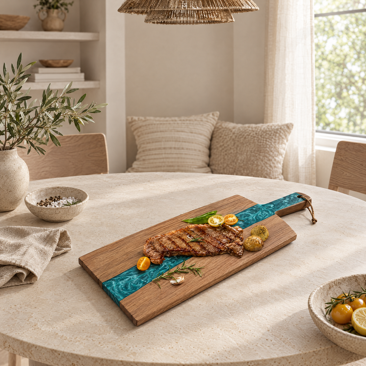Fiume Resin and Acacia Board in a calm room setting