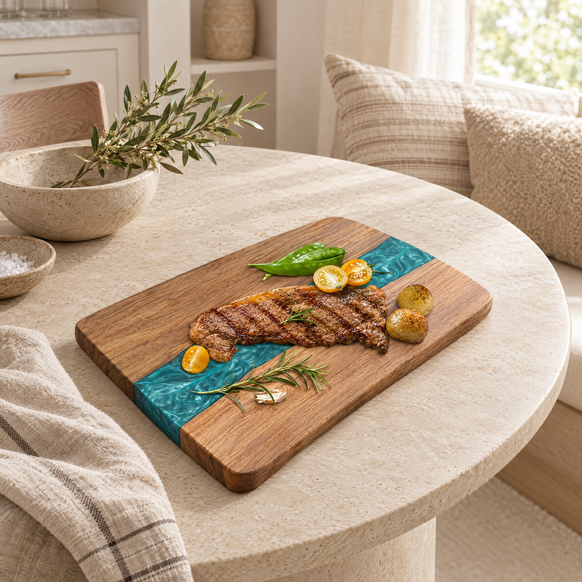 Fiume Resin and Acacia Board shown from a three-quarter angle