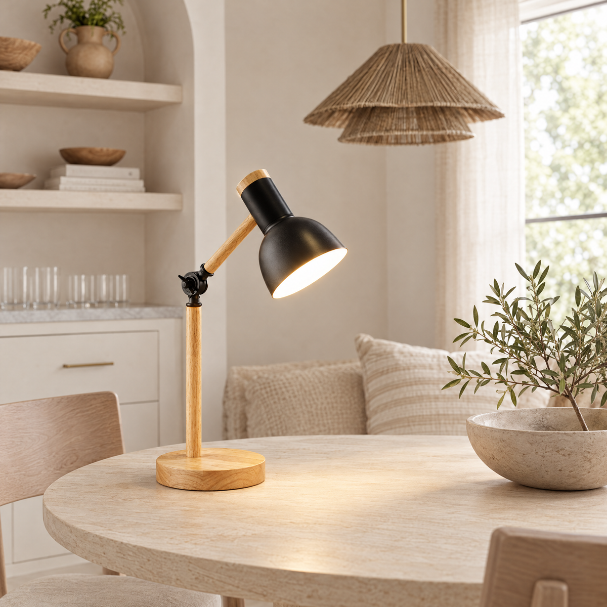 Ramo Wood and Metal LED Desk Lamp shown from a three-quarter angle