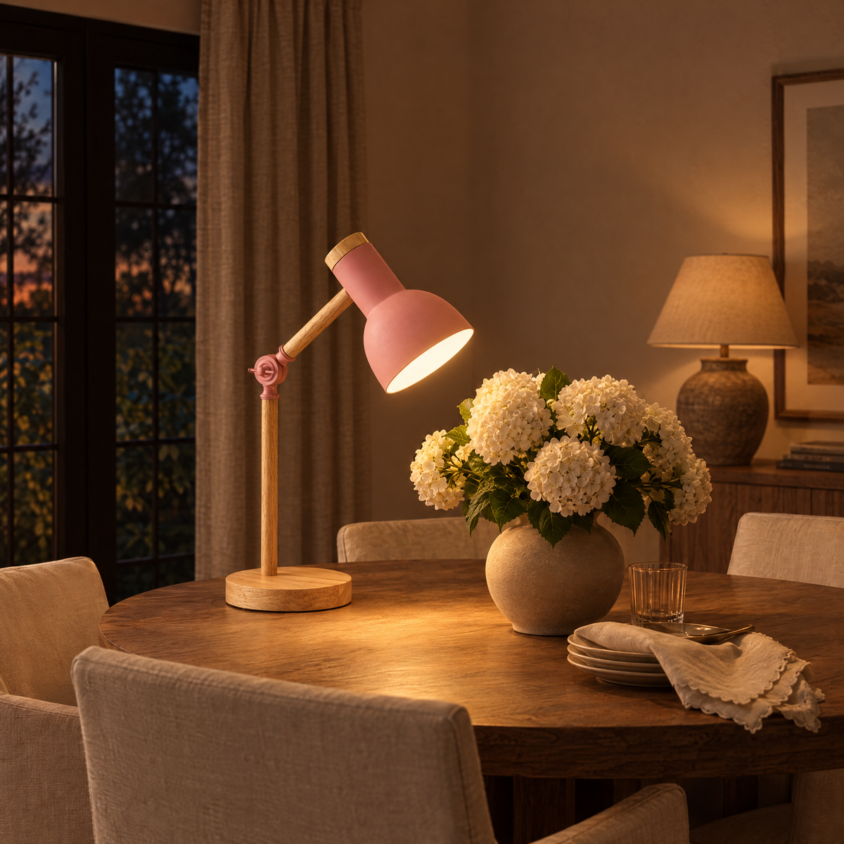 Ramo Wood and Metal LED Desk Lamp in a warm evening setting