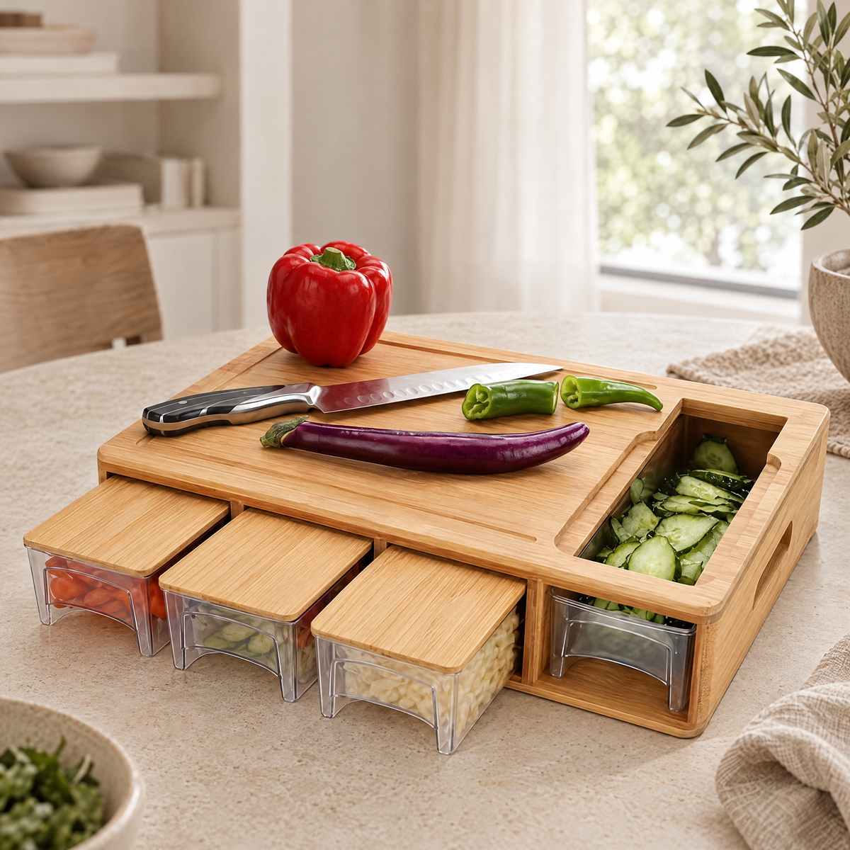 Tagliere Bamboo Prep Board with Trays close-up detail