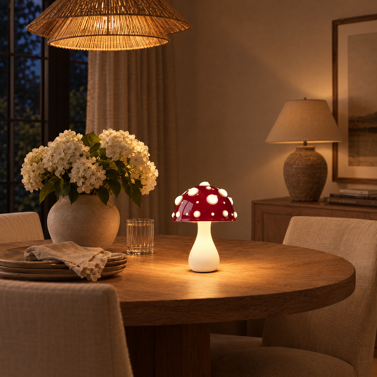 Spora Mushroom Table Lamp in a warm evening setting