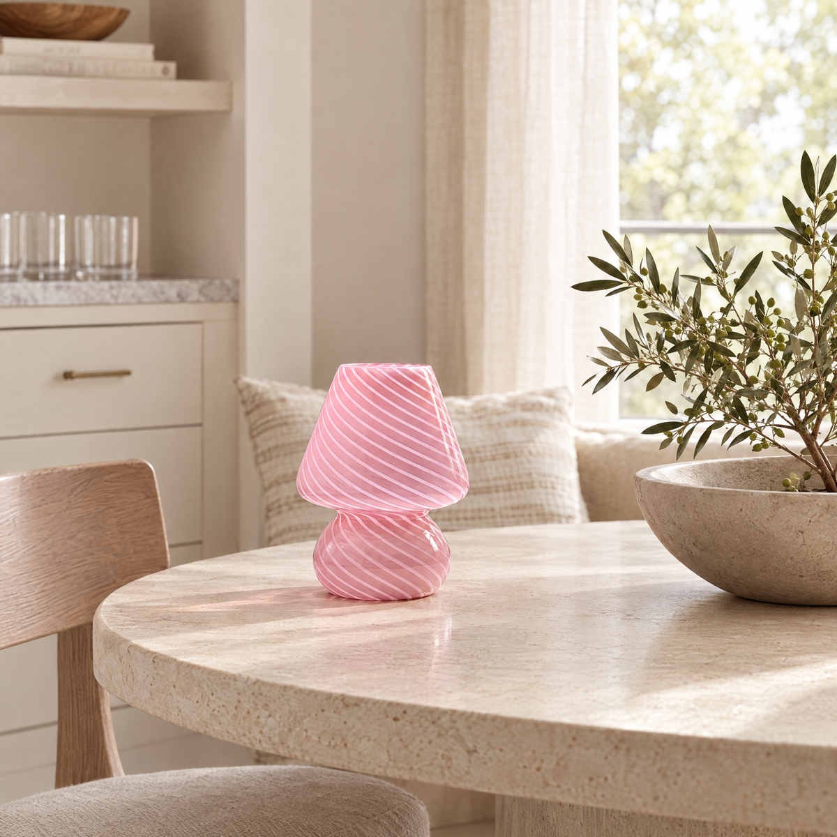Vortice Swirled Glass Mushroom Lamp shown from a three-quarter angle