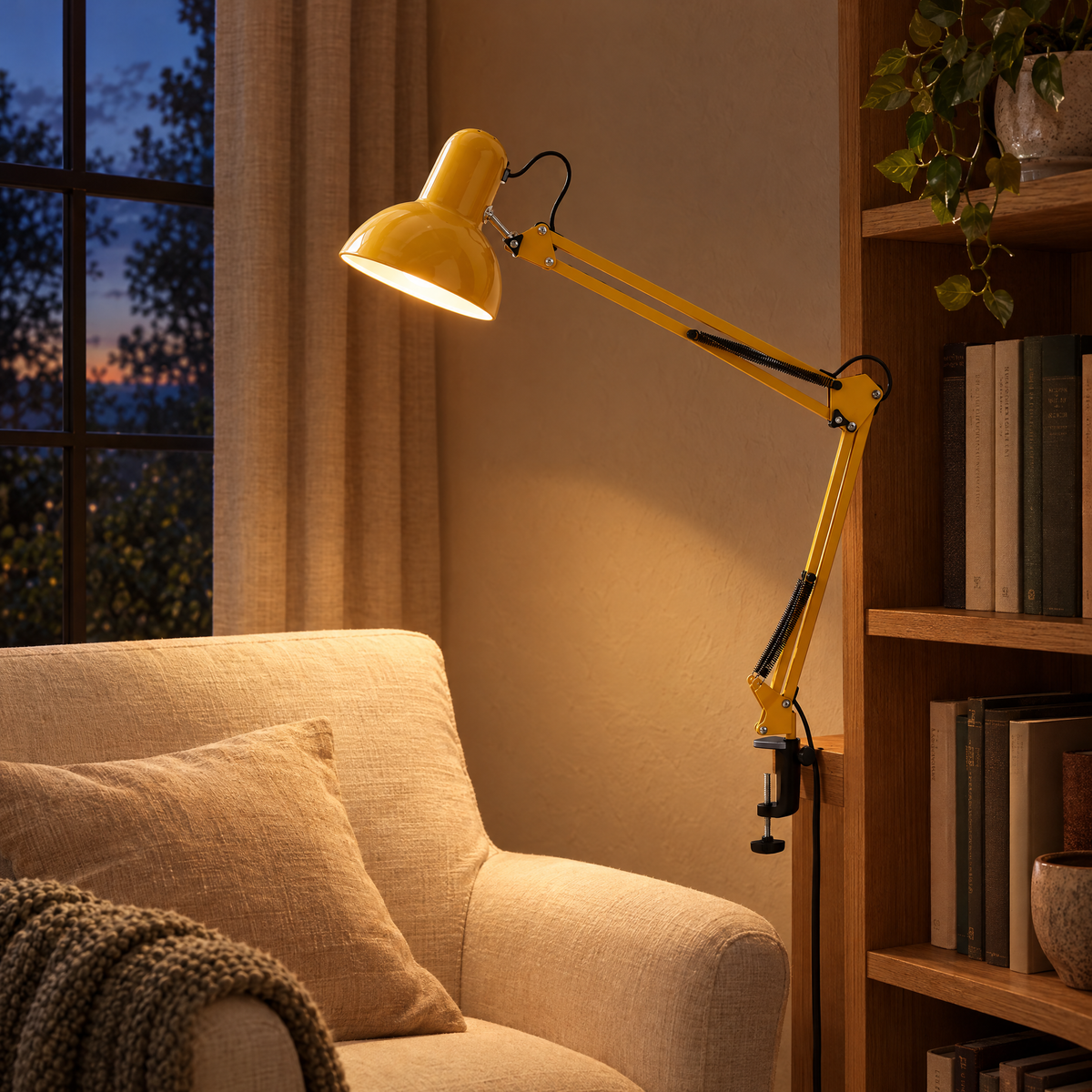 Braccio Clip Table Lamp in yellow lighting an armchair in the evening