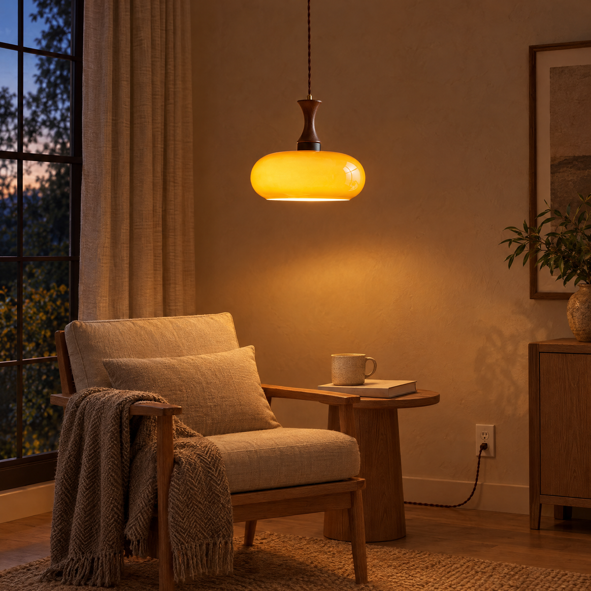 Ambra Plug-In Pendant Lamp in brown glowing in the evening
