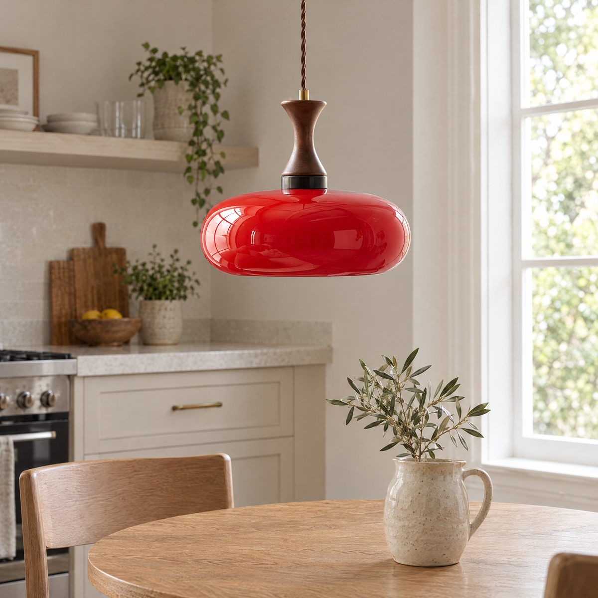 Ambra Plug-In Pendant Lamp in red glass over a breakfast table