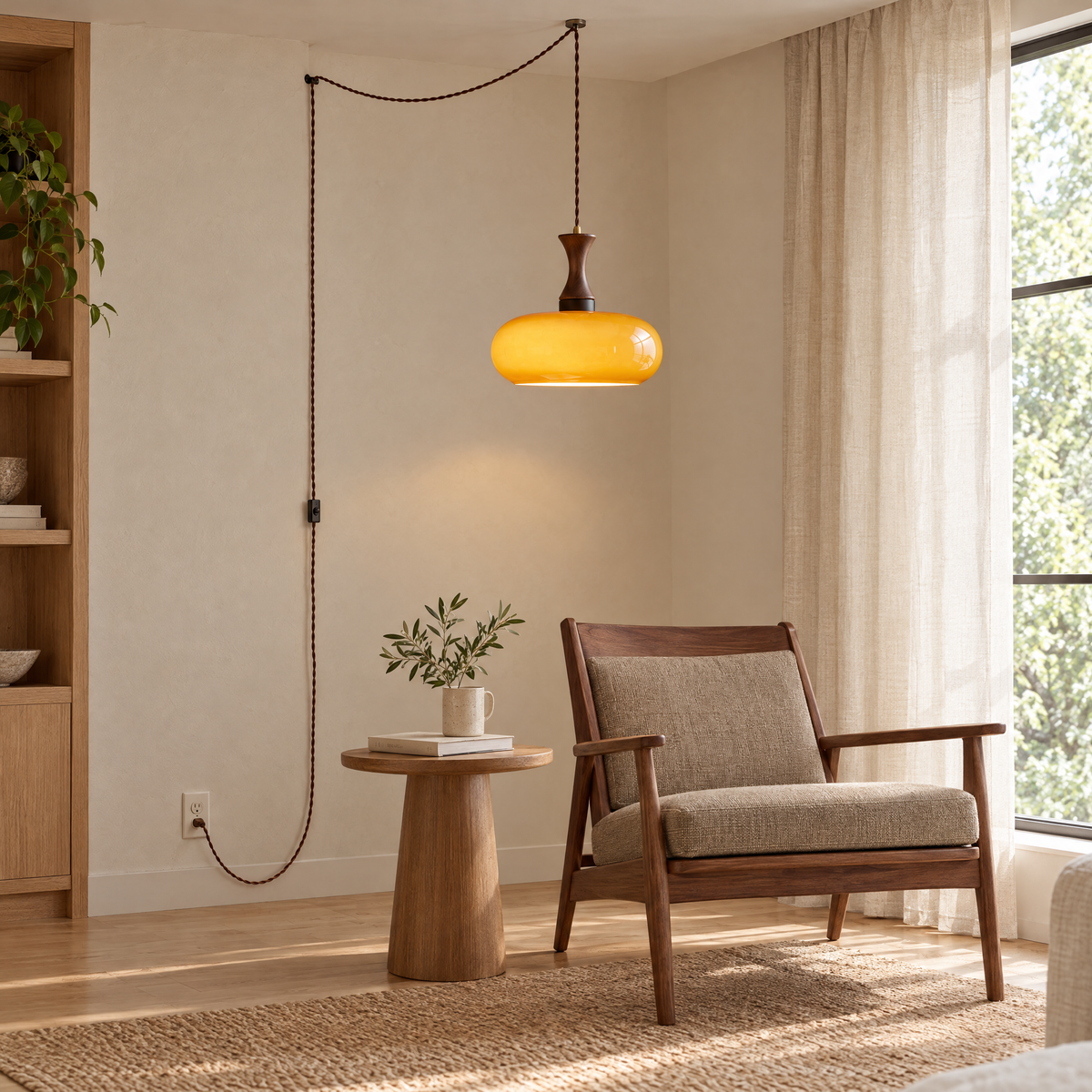 Ambra Plug-In Pendant Lamp in brown over a walnut lounge chair