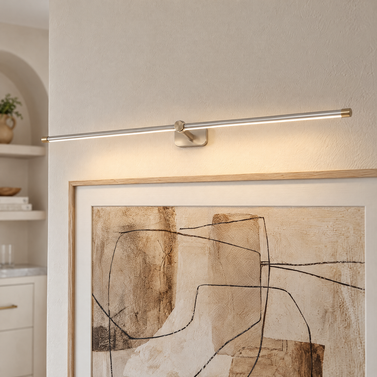 Quadro Cordless Linear Wall Light in brushed nickel, close-up of the arm