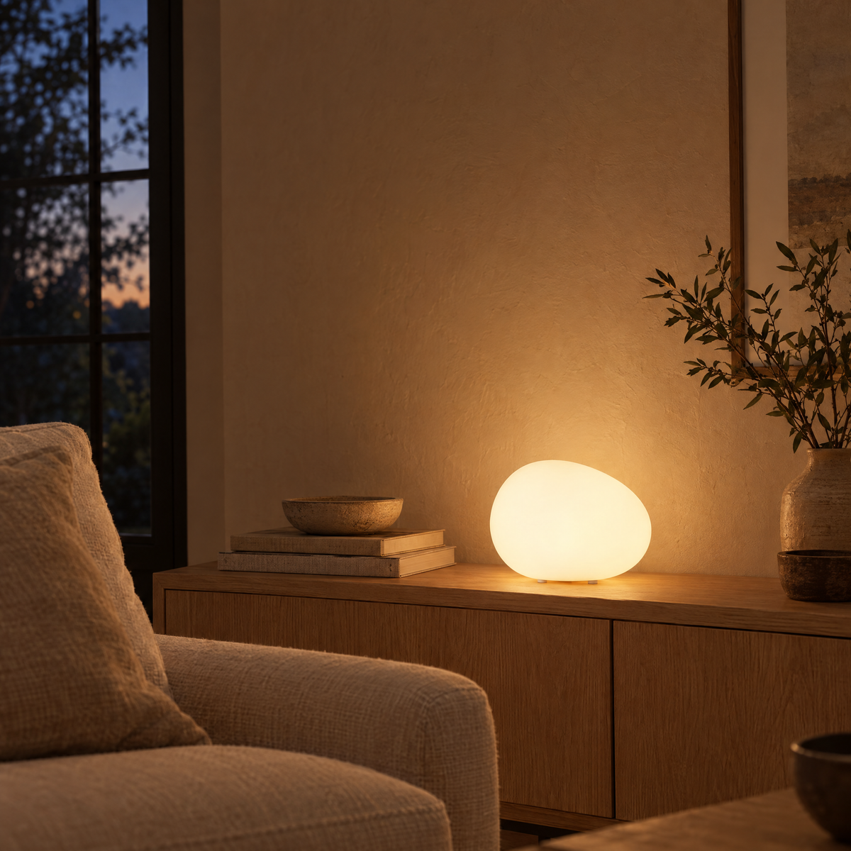 Ciottolo Pebble Bedside Lamp glowing on a console in the evening