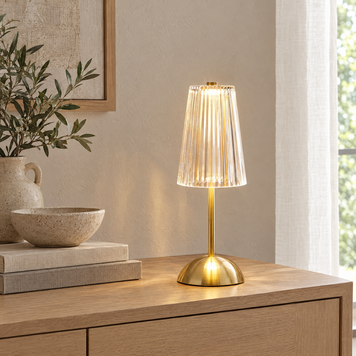 Cristallo Rechargeable Crystal Lamp, Tower shape, on a sideboard