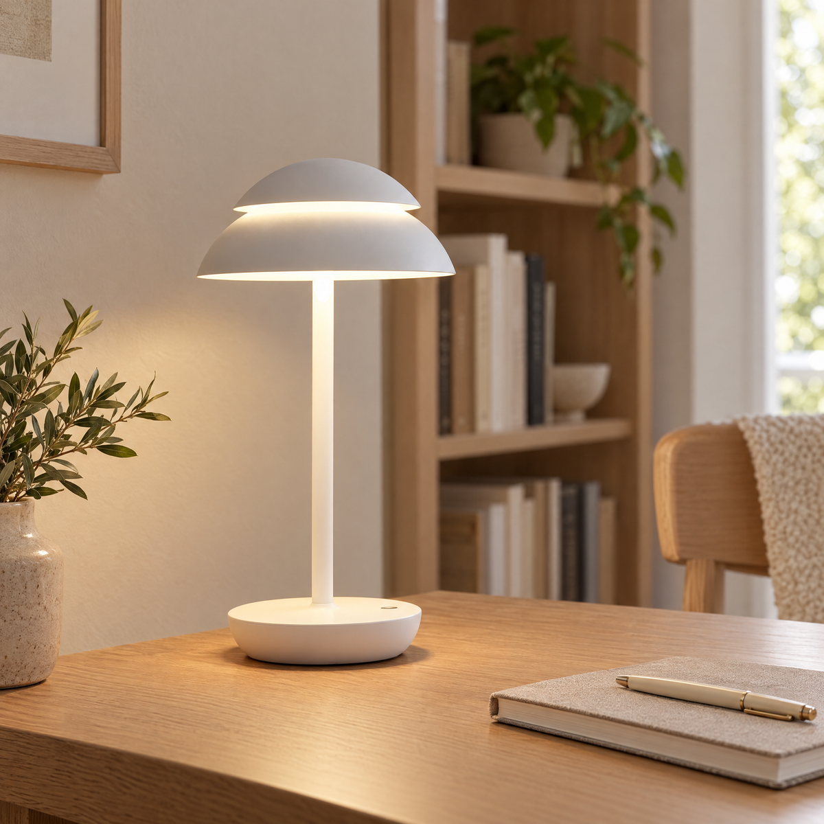 Cupola Rechargeable Table Lamp in white, close-up on a desk