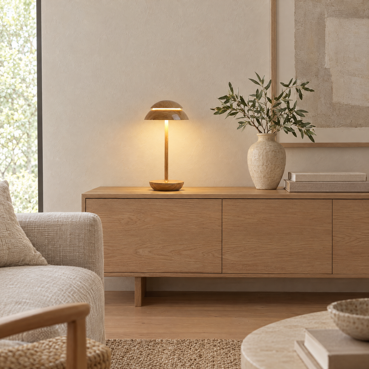 Cupola Rechargeable Table Lamp in wood finish on a sideboard