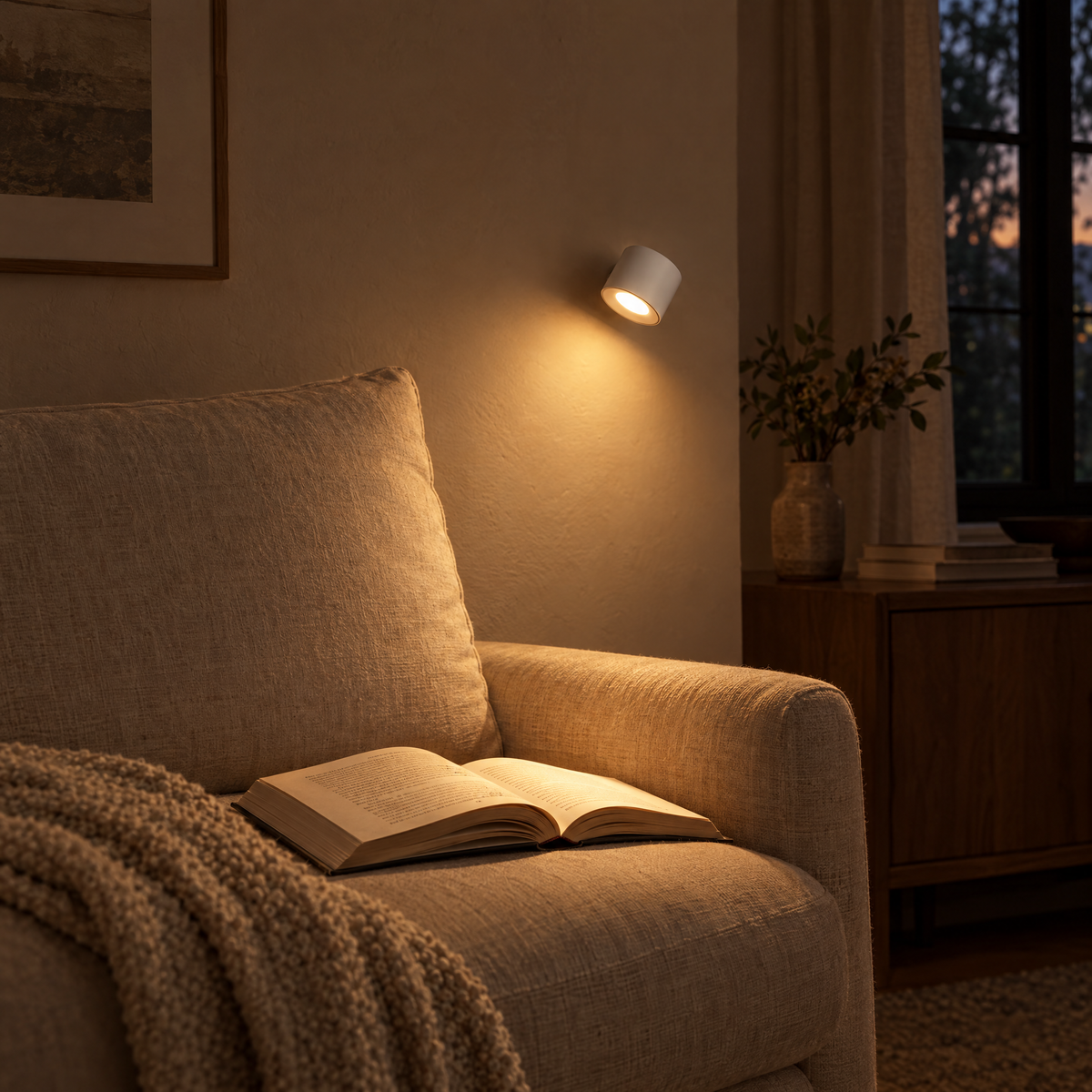 Giro Cordless Magnetic Wall Light in white lighting a book in the evening