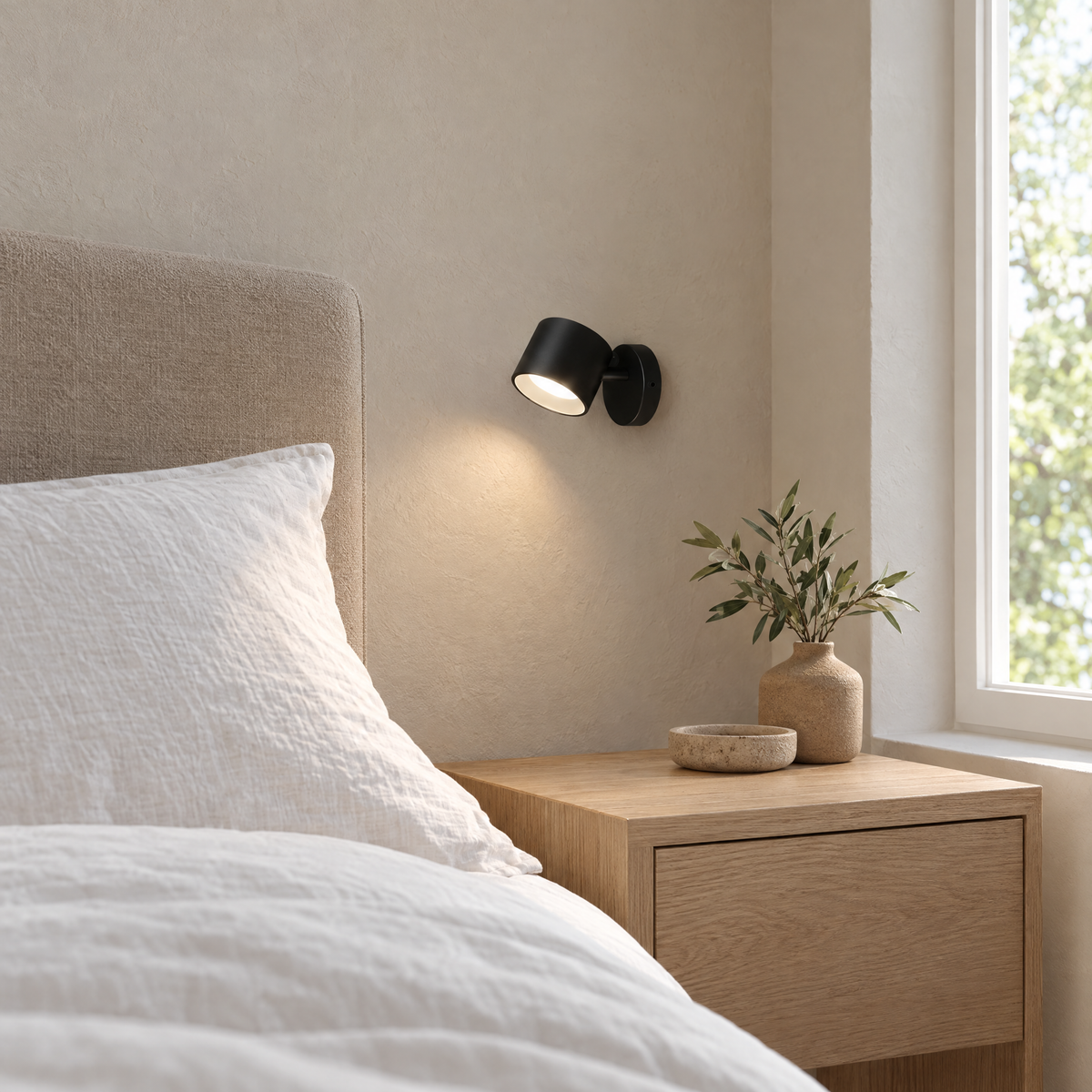Giro Cordless Magnetic Wall Light in black beside a bed