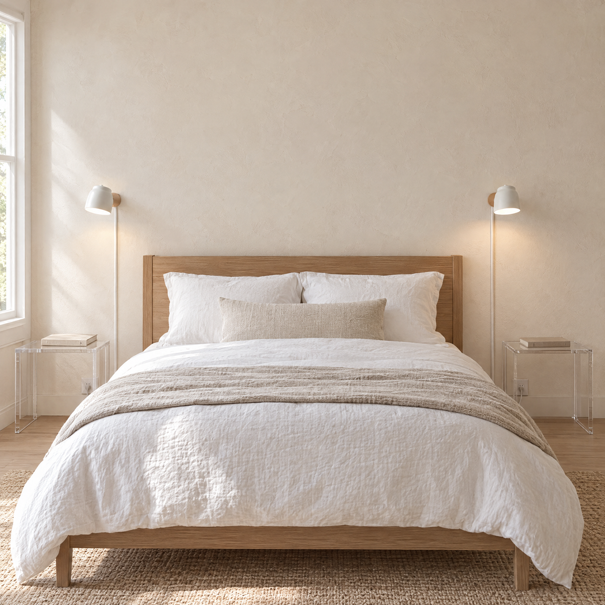 A pair of Lume Plug-In Wall Sconces in white beside a bed