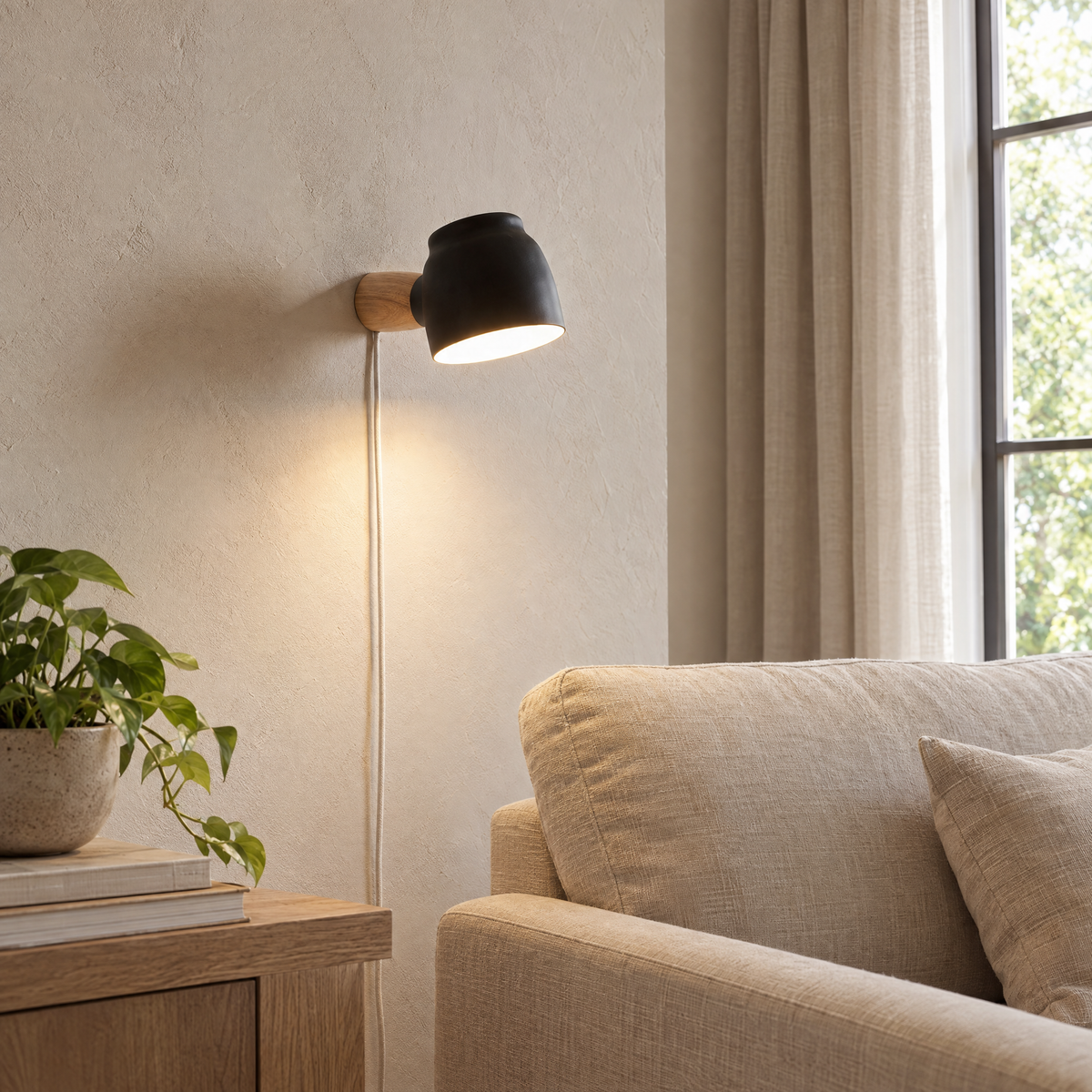 Lume Plug-In Wall Sconce in black above a sofa