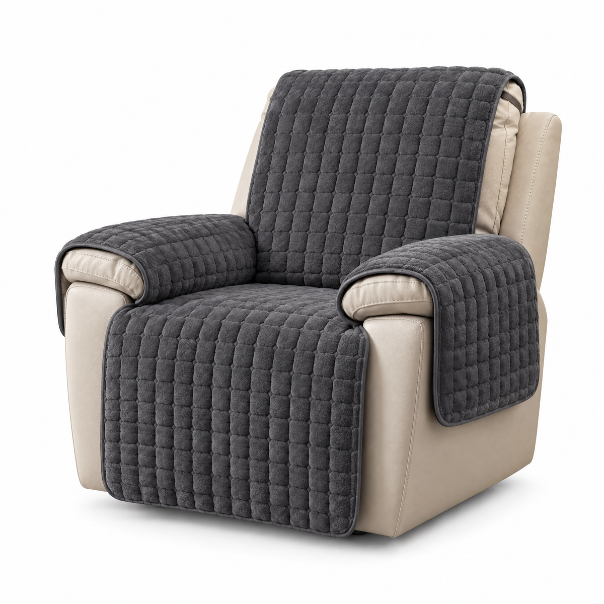 Riposo Quilted Recliner Cover in charcoal on a recliner, white background