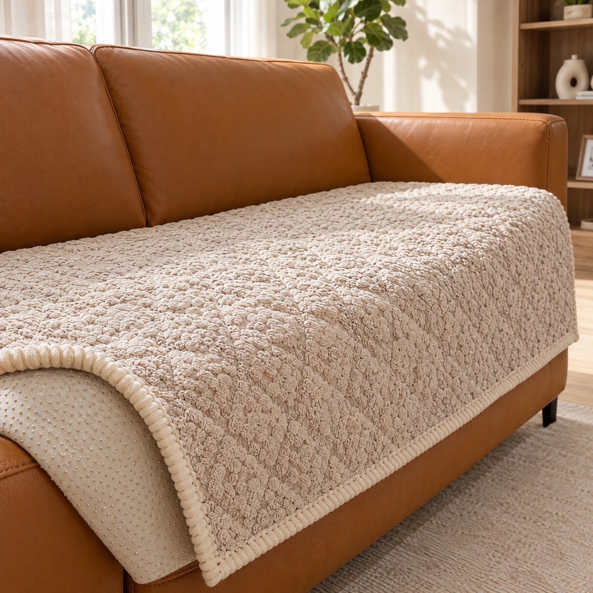 Trapunta Quilted Sofa Cover in beige, close-up of the quilting