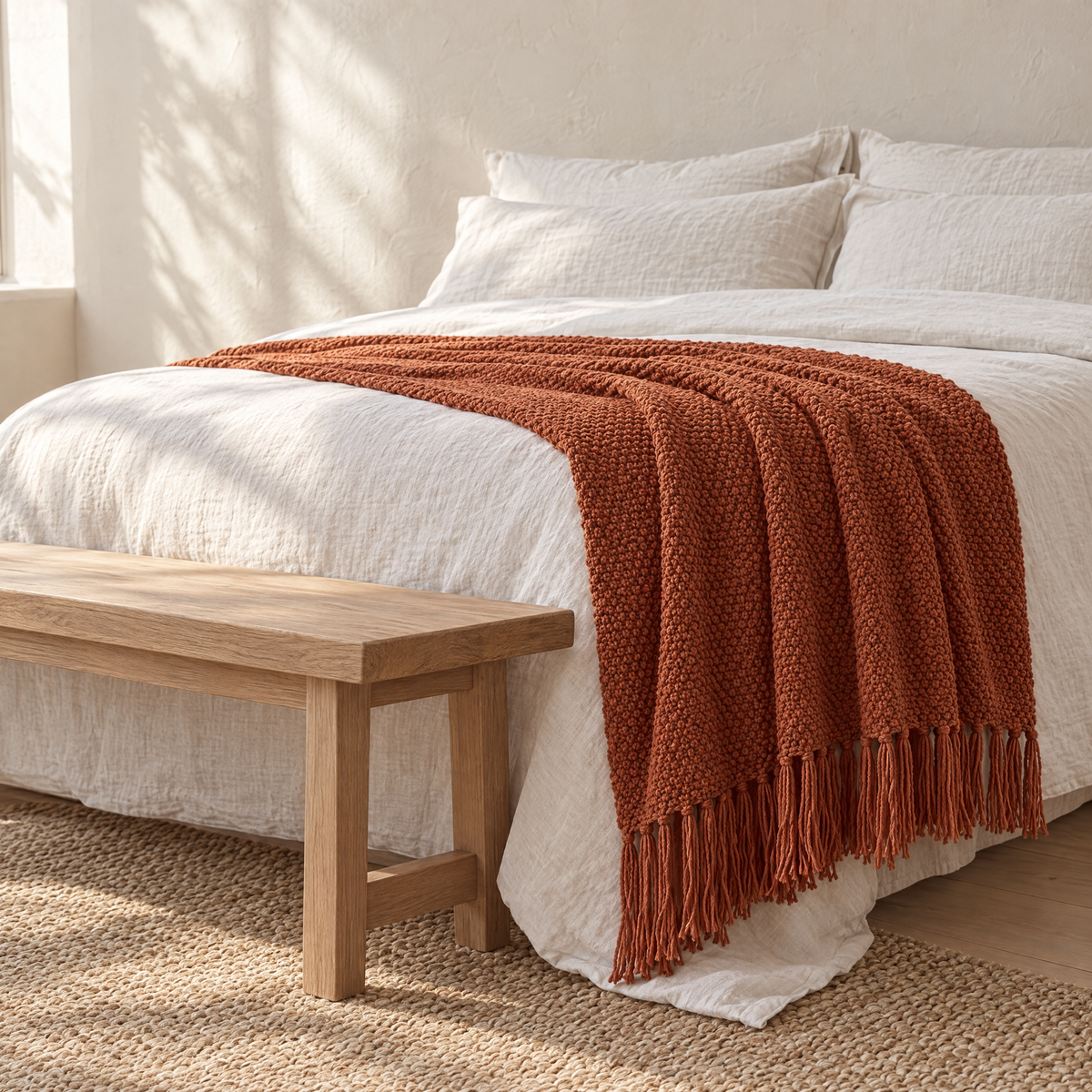 Maglia Knit Throw Blanket in caramel across the foot of a bed