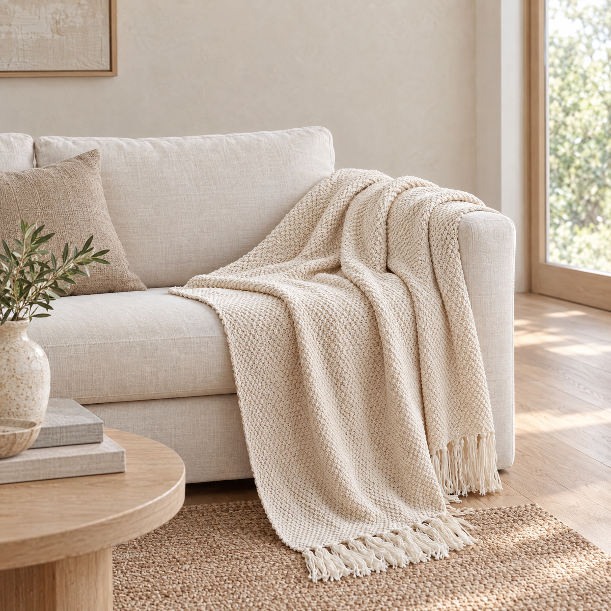 Maglia Knit Throw Blanket in beige draped over a sofa