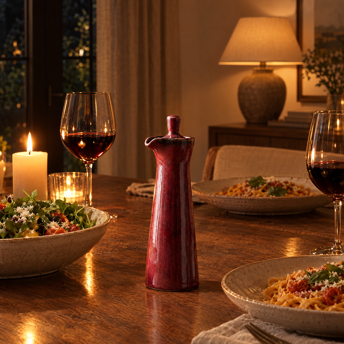 Ampolla Ceramic Oil Dispenser in red on a candlelit dinner table