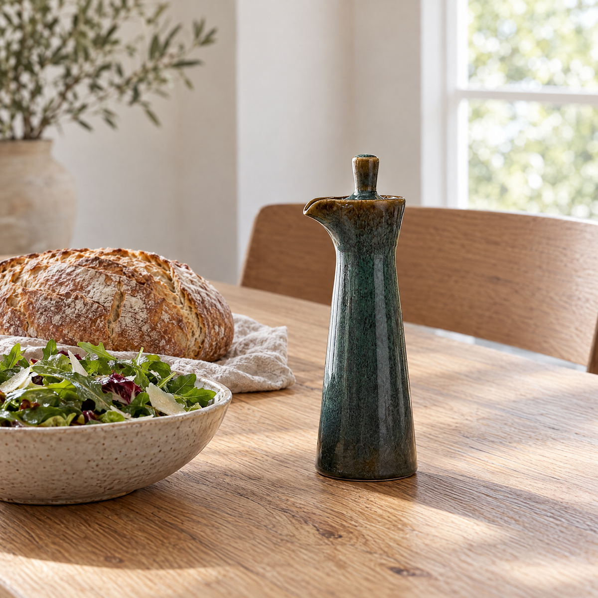 Ampolla Ceramic Oil Dispenser in green on a dining table