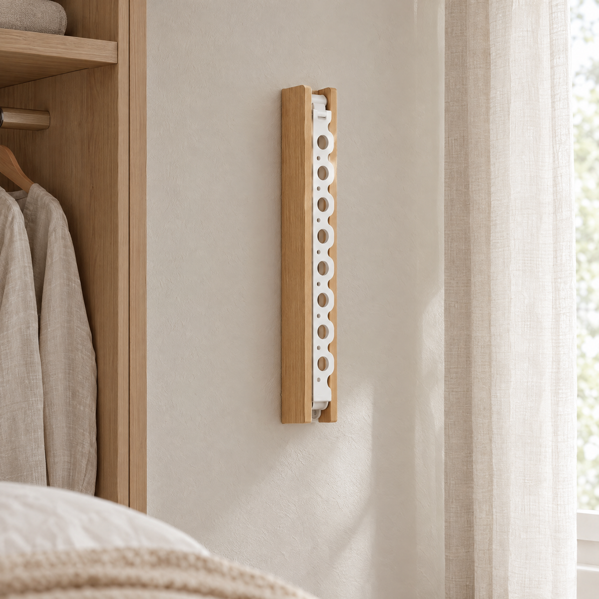 Piega Folding Wall Hanger Rail in white, close-up of the folded hinge