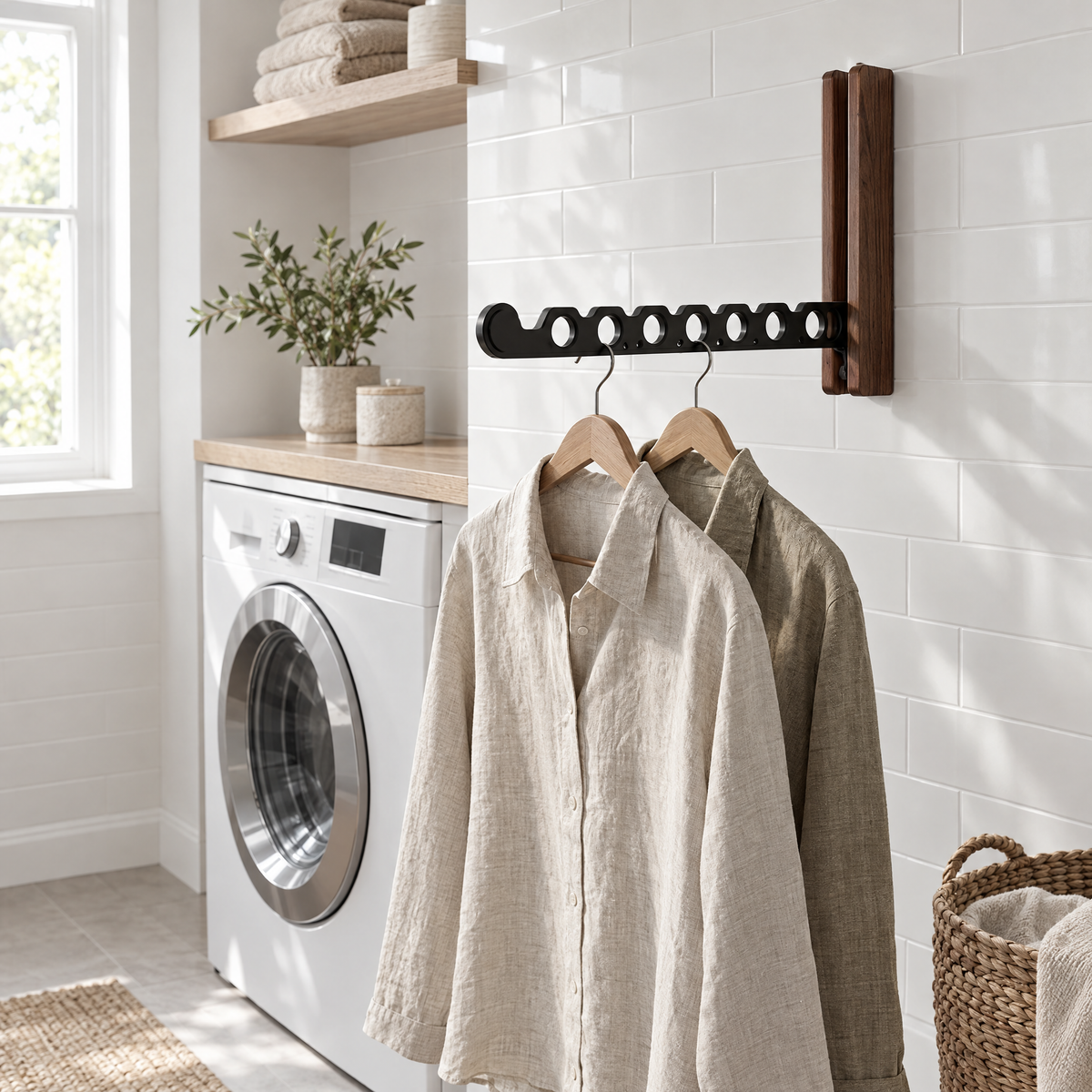 Piega Folding Wall Hanger Rail in black in a laundry room