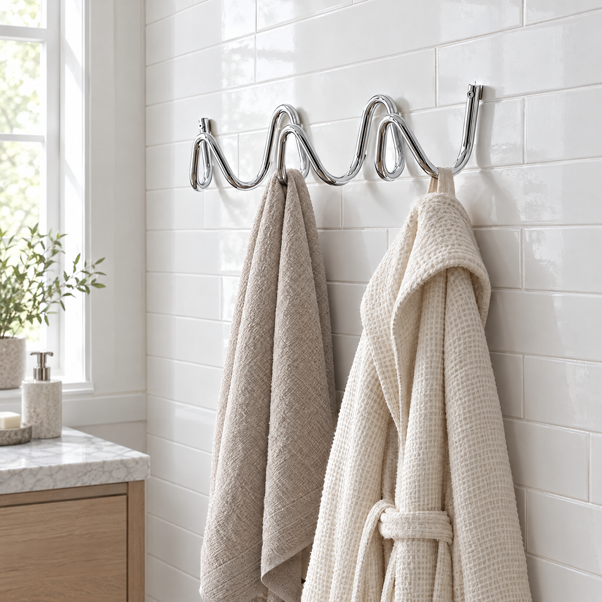 Flutto Wave Wall Hook Rack in chrome in a bathroom