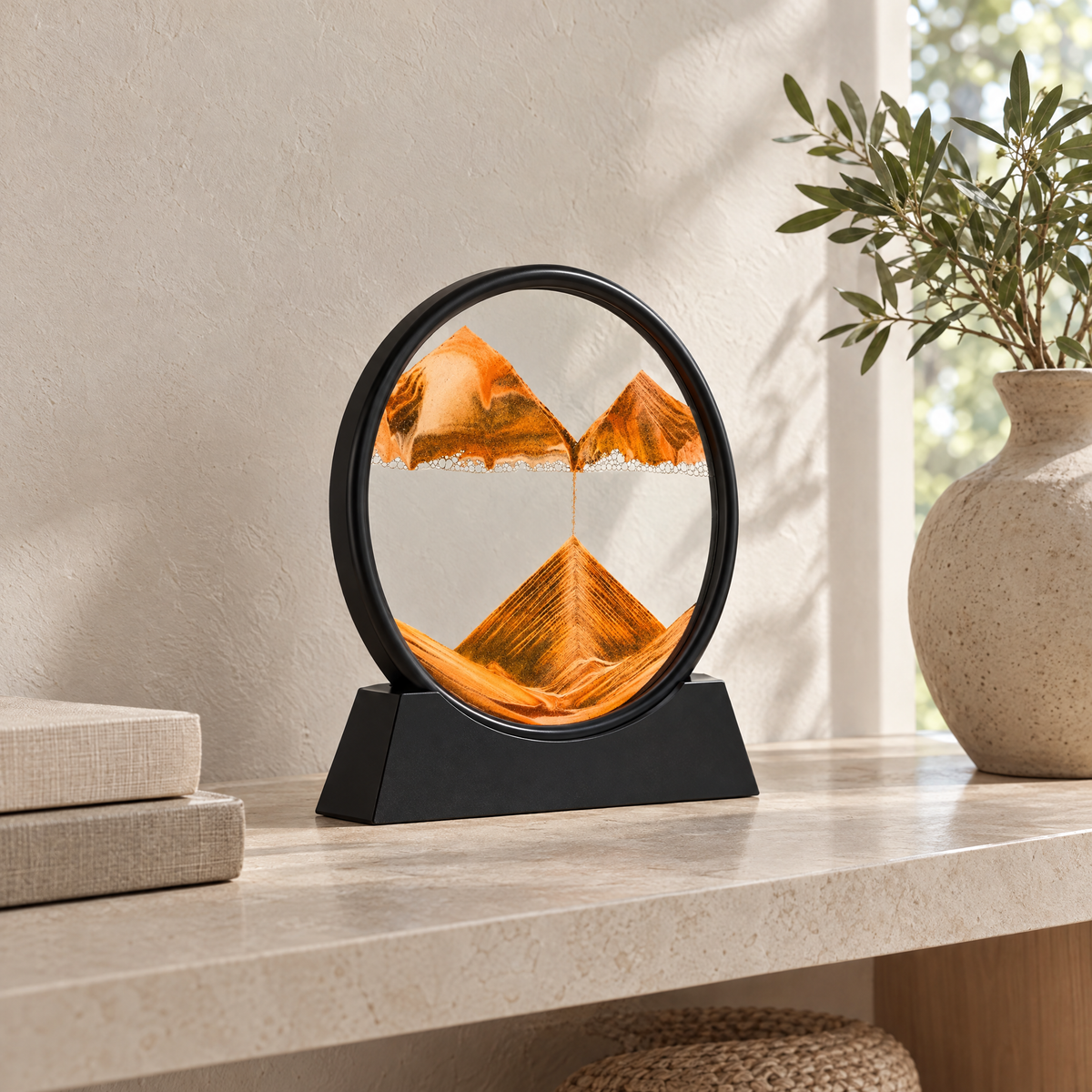 Sabbia Moving Sand Art Frame, orange sand, on a living room shelf