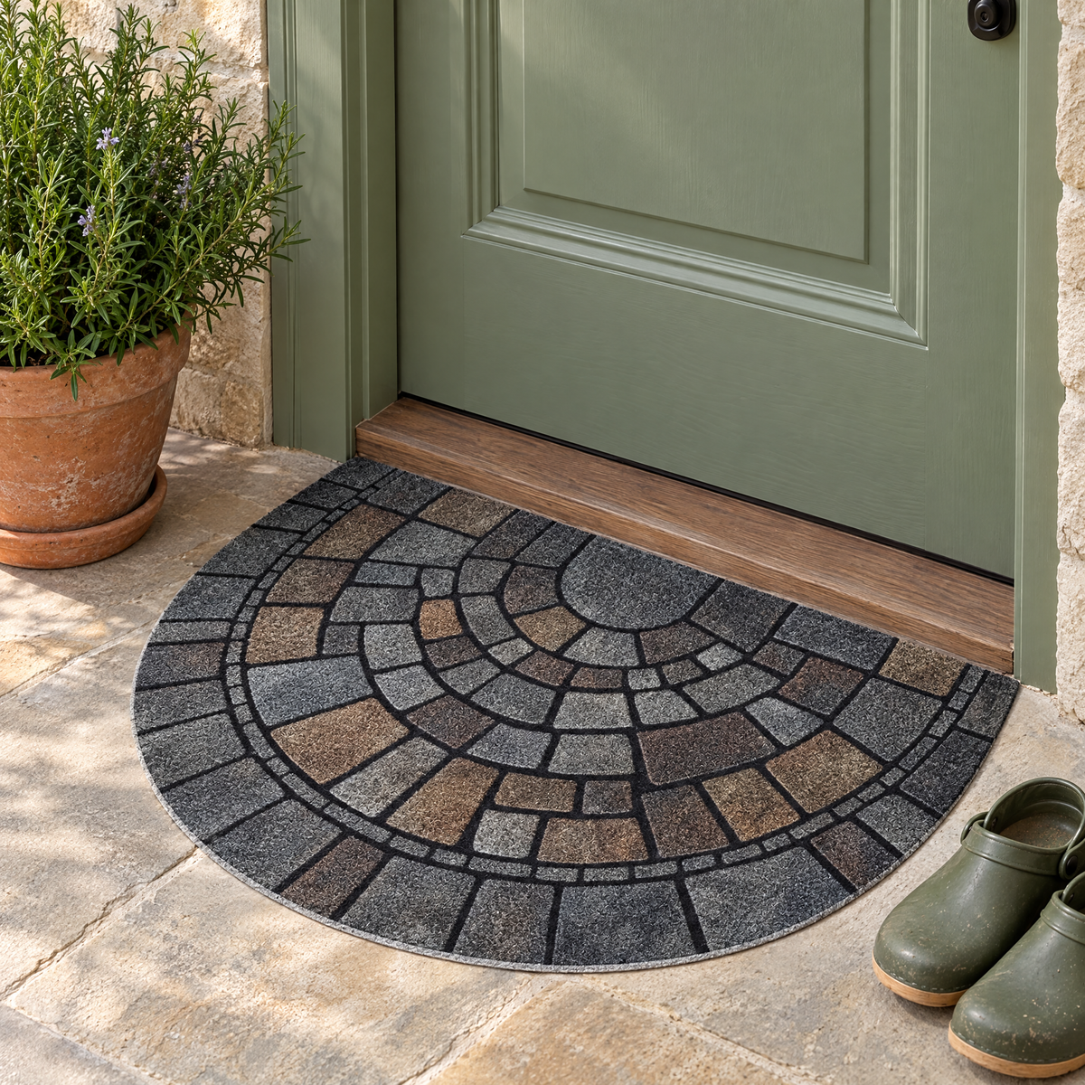 Lastra half-circle mosaic door mat at a front door on a covered stone porch