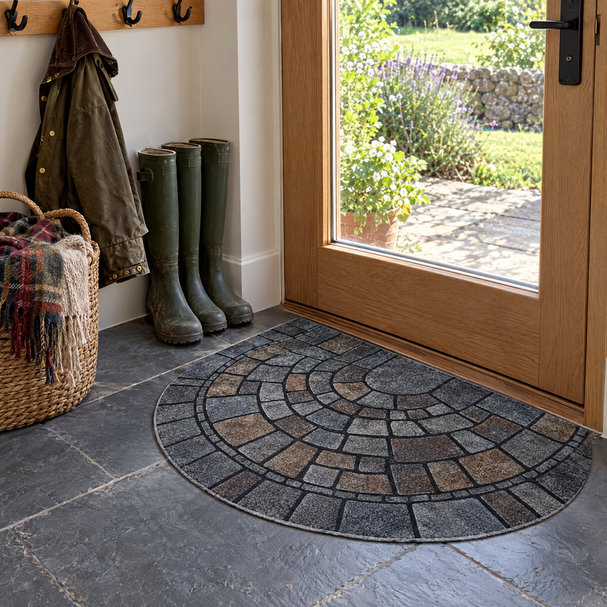 Lastra door mat at the garden door of a mudroom