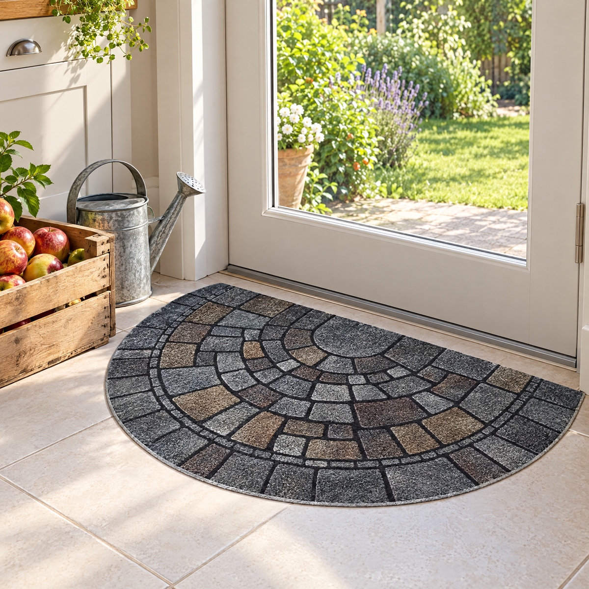 Lastra door mat at the side door of a bright kitchen