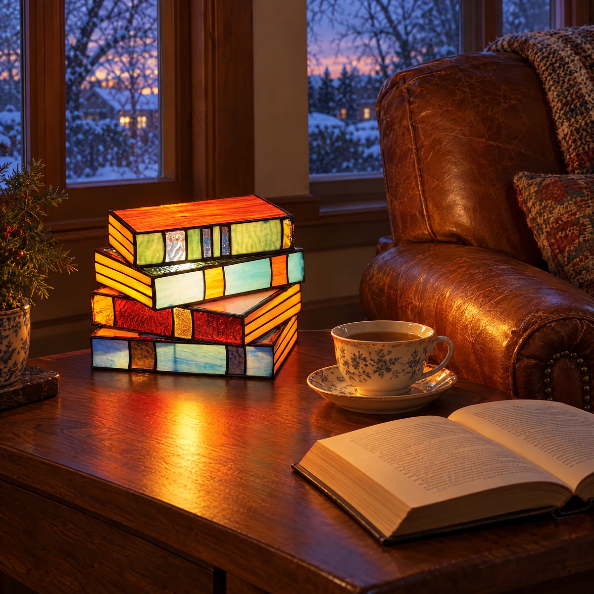 Libro stained glass book lamp beside a leather reading chair